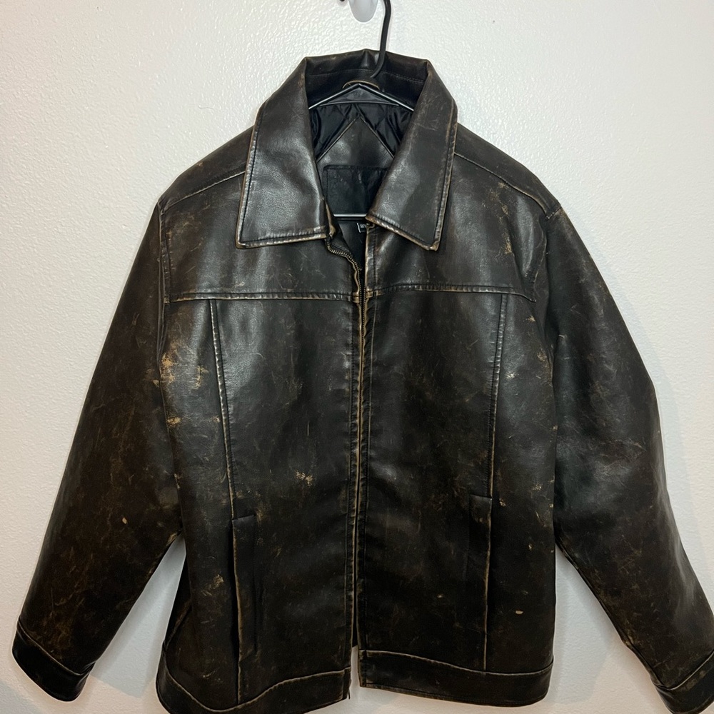Mens Faux Leather distressed brown Moto jacket | size XL